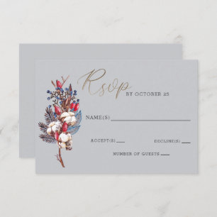 Rustic Winter Cotton Blue Red Berries Wedding RSVP Card