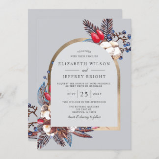 Rustic Winter Cotton Red Berries Arched Wedding Invitation
