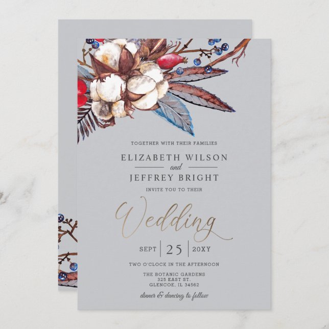 Rustic Winter Cotton Red Berries Gold Wedding  Invitation (Front/Back)