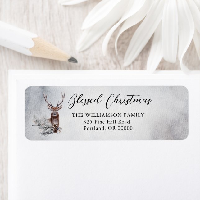 Rustic Winter Deer Antlers Pine Cone Holiday Label (Insitu)