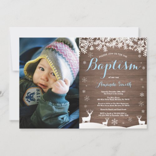 Rustic Winter Deer Baptism Boy Photo Invitation