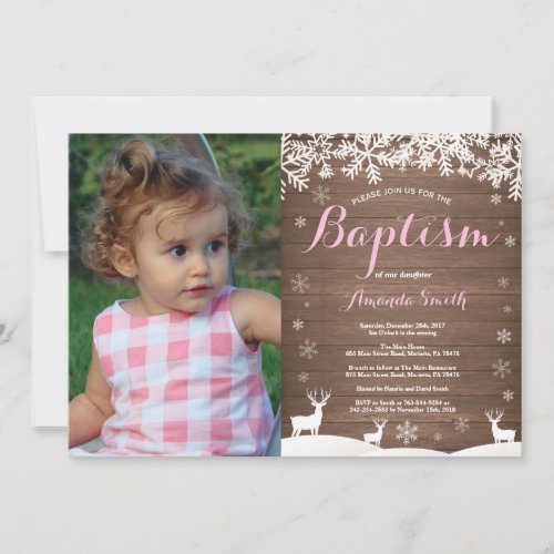 Rustic Winter Deer Baptism Girl Photo Invitation