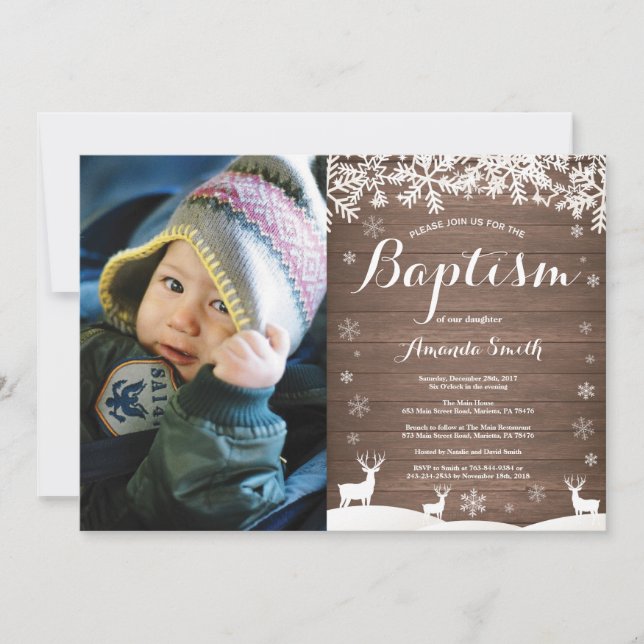 Rustic Winter Deer Baptism Photo Invitation (Front)
