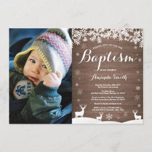 Rustic Winter Deer Baptism Photo Invitation