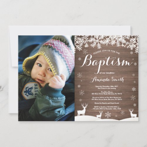 Rustic Winter Deer Baptism Photo Invitation