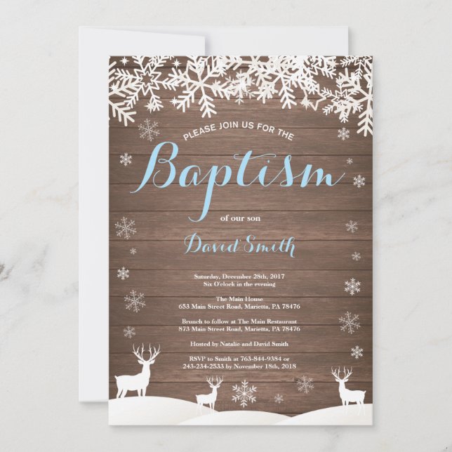 Rustic Winter Deer Boy Baptism Invitation (Front)