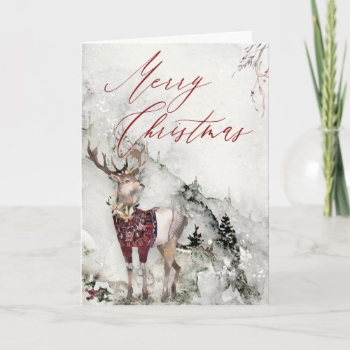 Rustic Winter Deer in Snow Watercolor Christmas Card