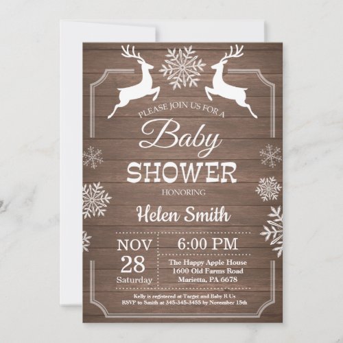 Rustic Winter Deer Snowflake Baby Shower Invitation