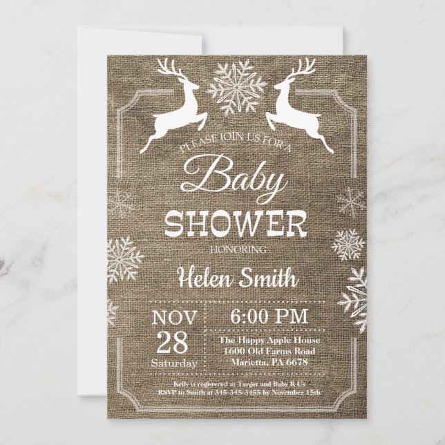 Rustic Winter Deer Snowflake Baby Shower Invitation (Front)