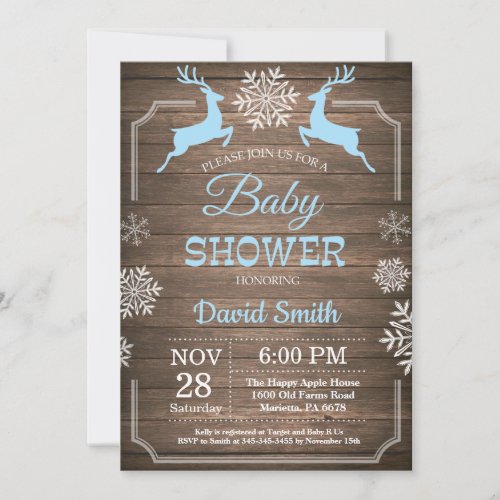 Rustic Winter Deer Snowflake Boy Baby Shower Invitation