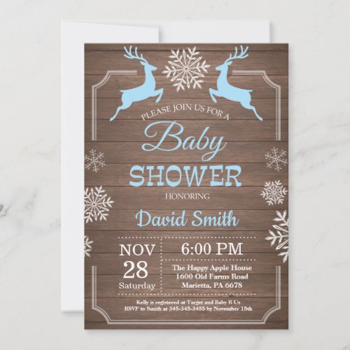 Rustic Winter Deer Snowflake Boy Baby Shower Invitation