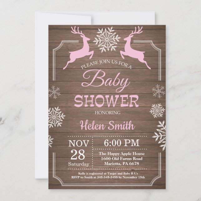 Rustic Winter Deer Snowflake Girl Baby Shower Invitation (Front)
