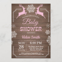 Rustic Winter Deer Snowflake Girl Baby Shower Invitation