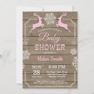 Rustic Winter Deer Snowflake Girl Baby Shower Invitation
