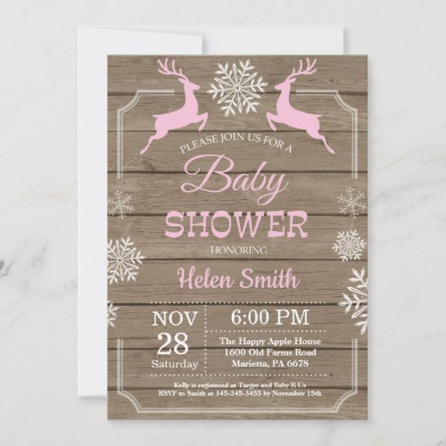 Rustic Winter Deer Snowflake Girl Baby Shower Invitation