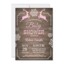 Rustic Winter Deer Snowflake Girl Baby Shower Invitation