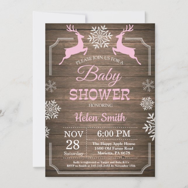 Rustic Winter Deer Snowflake Girl Baby Shower Invitation (Front)