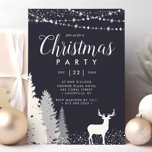 Rustic Winter Deer Woodland Blue Christmas Party Invitation