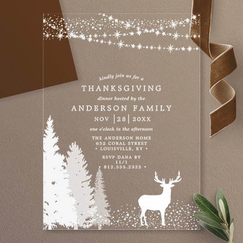 Rustic Winter Deer Woodland Thanksgiving Dinner Acrylic Invitations