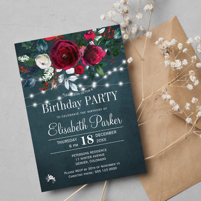Rustic winter elegant red peonies birthday party invitation (Creator Uploaded)