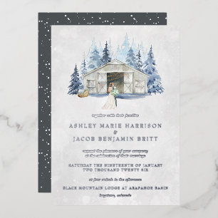Rustic Winter Evergreen Barn Wedding Foil Invitation