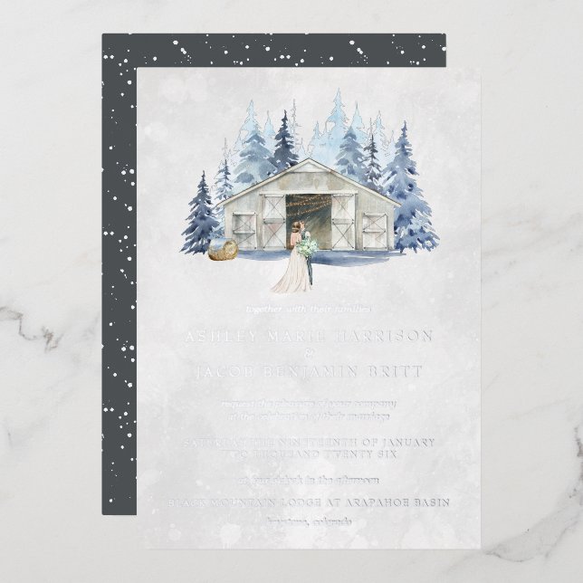 Rustic Winter Evergreen Barn Wedding Foil Invitation (Front/Back)