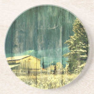 Rustic winter evergreen old barnwood cottage cabin drink coaster
