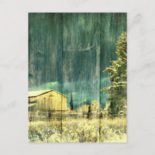 Rustic winter evergreen old barnwood cottage cabin postcard