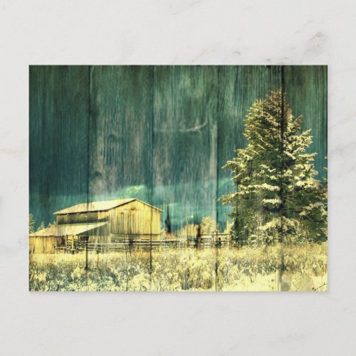 Rustic winter evergreen old barnwood cottage cabin postcard