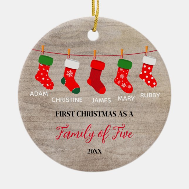 Rustic Winter Family of Five Socks Ornament  (Front)