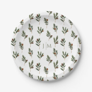Rustic Winter Fir Branches with Pinecones Wedding Paper Plates