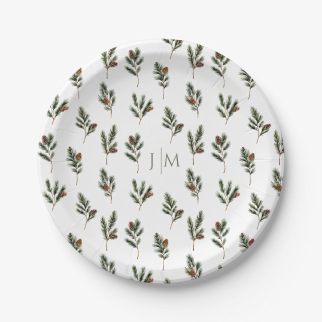 Rustic Winter Fir Branches with Pinecones Wedding  Paper Plates (Front)