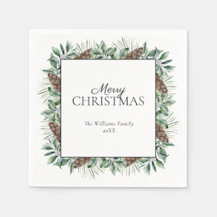 Rustic Winter Fir Cone Merry Christmas Napkins