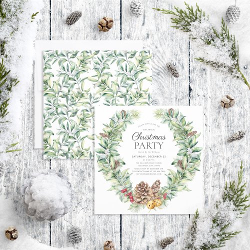 Rustic Winter Fir Cone Wreath Holiday Party Invitation