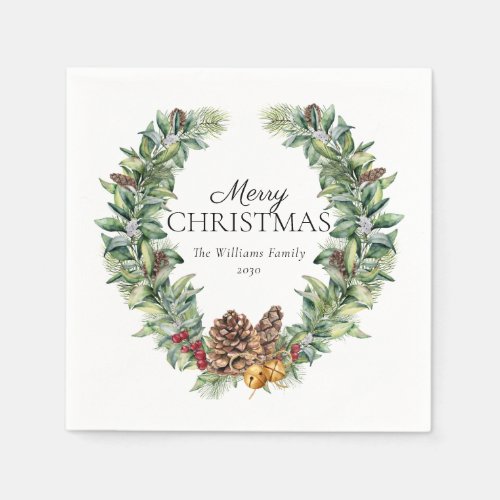 Rustic Winter Fir Cone Wreath Merry Christmas Napkins