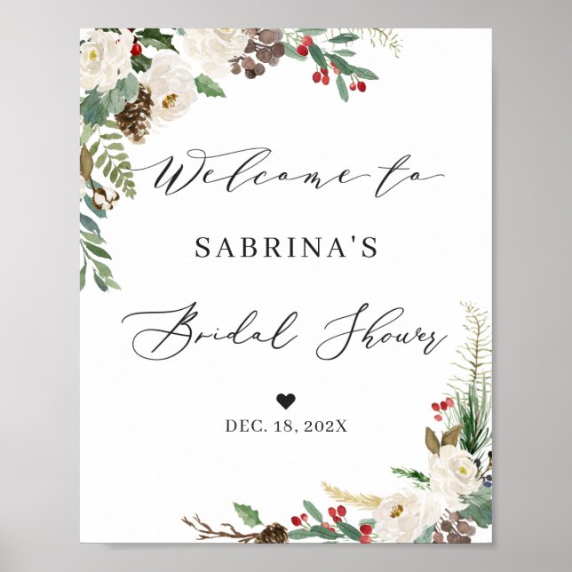 Rustic Winter Floral Bridal Shower Welcome Sign (Front)