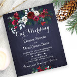 Rustic winter floral budget wedding invitation<br><div class="desc">Floral bouquet of red burgundy and white peony roses with pine and hunter green fir branches and foliage affordable wedding invitation template with a fancy modern contemporary changeable script text over a dark midnight navy blue chalkboard background. The invitation is ideal for winter floral rustic Christmas seasonal weddings. PLEASE READ...</div>