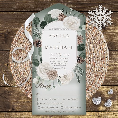Rustic Winter Floral Green Dinner All In One Invitation