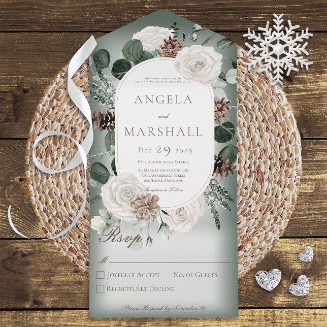 Rustic Winter Floral Green No Dinner All In One Invitation (Creator Uploaded)