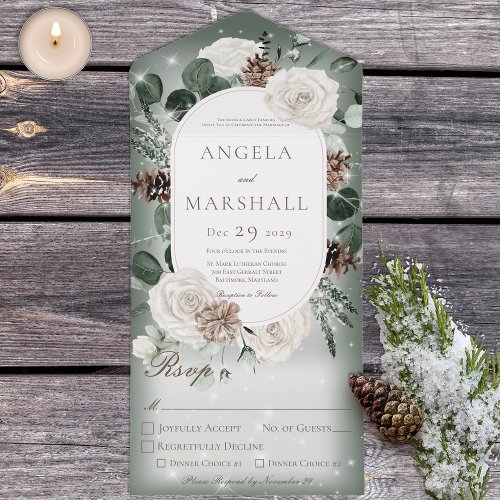 Rustic Winter Floral Green Sparkle Dinner All In One Invitation