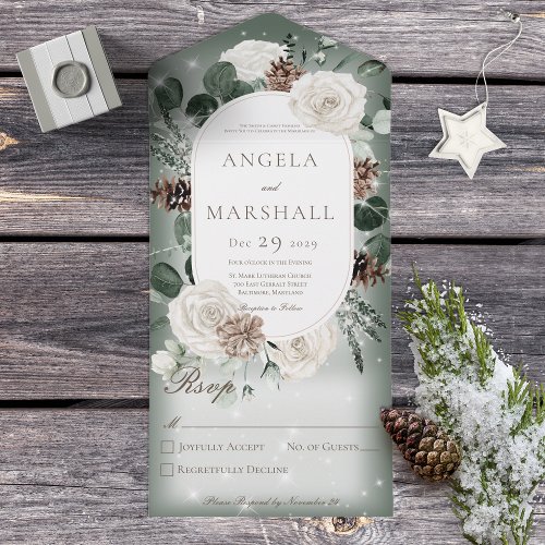 Rustic Winter Floral Green Sparkle No Dinner All In One Invitation