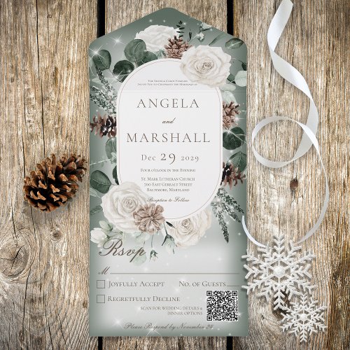 Rustic Winter Floral Green Sparkle QR Code All In One Invitation