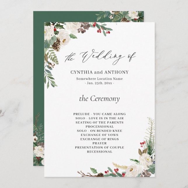 Rustic Winter Floral Holly Berries Wedding Program (Front/Back)