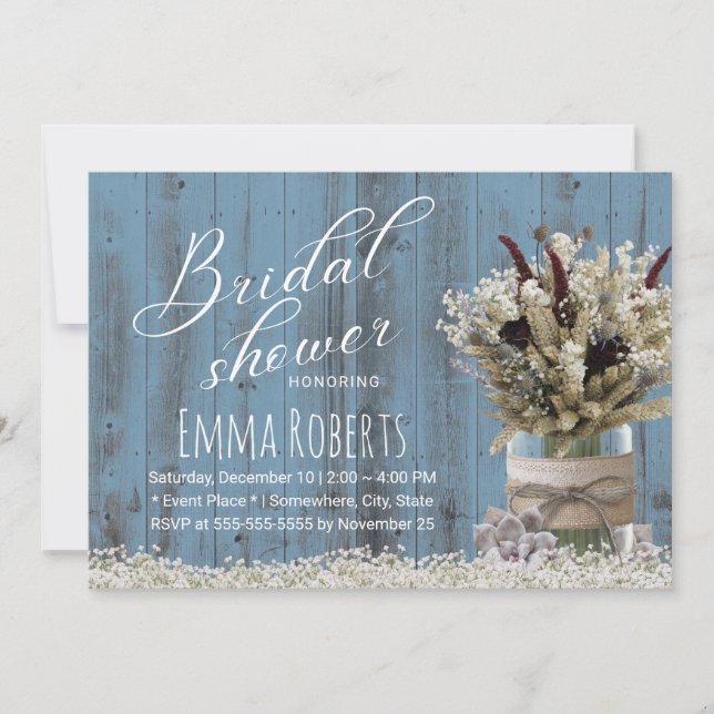 Rustic Winter Floral Jar Dusty Blue Bridal Shower Invitation (Front)