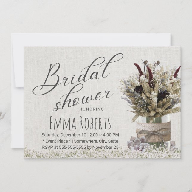 Rustic Winter Floral Jar Linen Bridal Shower Invitation (Front)