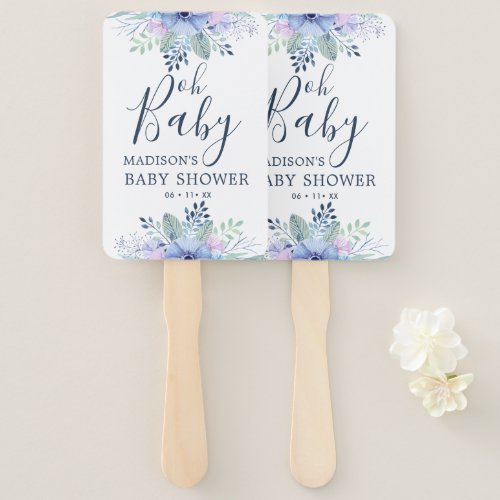 Rustic Winter Floral Navy Blue Baby Shower Hand Fan