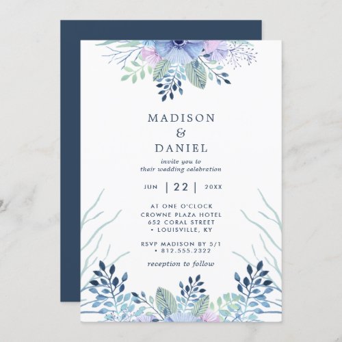 Wedding Invitations 13 Rustic Winter Floral Navy Blue Watercolor Wedding Invitation