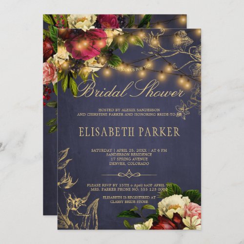 Rustic winter floral navy burgundy bridal shower invitation