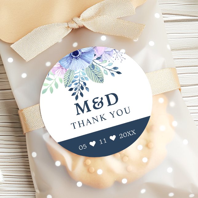 Rustic Winter Floral Navy Thank You Wedding Classic Round Sticker (Creator Uploaded)