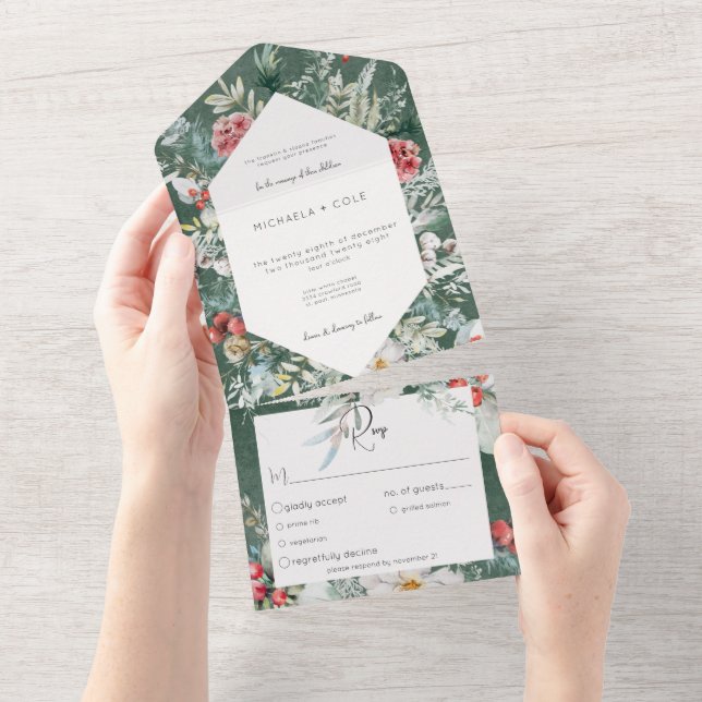 Rustic Winter Floral Pine Emerald Dinner All In One Invitation (Tearaway)